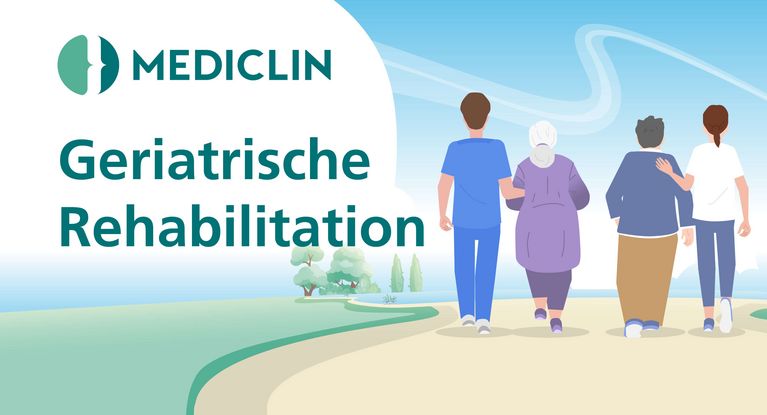 Geriatrische Reha im Video erklärt Zwei ältere Patienten gehen mit Therapeut und Pflegekraft spazieren - Illustration
